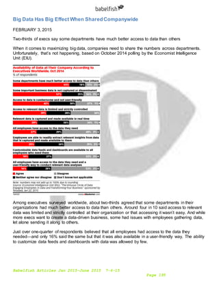 Babelfish Articles Jan 2015-June 2015 7-6-15
Page 195
Big Data Has Big Effect When SharedCompanywide
FEBRUARY 3, 2015
Two-thirds of execs say some departments have much better access to data than others
When it comes to maximizing big data, companies need to share the numbers across departments.
Unfortunately, that’s not happening, based on October 2014 polling by the Economist Intelligence
Unit (EIU).
Among executives surveyed worldwide, about two-thirds agreed that some departments in their
organizations had much better access to data than others. Around four in 10 said access to relevant
data was limited and strictly controlled at their organization or that accessing it wasn’t easy. And while
more execs want to create a data-driven business, some had issues with employees gathering data,
let alone sending it along to others.
Just over one-quarter of respondents believed that all employees had access to the data they
needed—and only 16% said the same but that it was also available in a user-friendly way. The ability
to customize data feeds and dashboards with data was allowed by few.
 