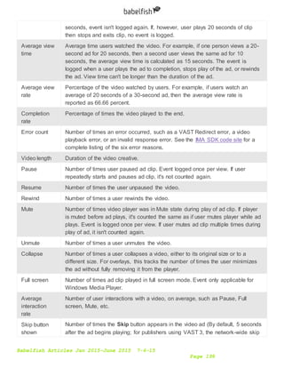 Babelfish Articles Jan 2015-June 2015 7-6-15
Page 199
seconds, event isn't logged again. If, however, user plays 20 seconds of clip
then stops and exits clip, no event is logged.
Average view
time
Average time users watched the video. For example, if one person views a 20-
second ad for 20 seconds, then a second user views the same ad for 10
seconds, the average view time is calculated as 15 seconds. The event is
logged when a user plays the ad to completion, stops play of the ad, or rewinds
the ad. View time can't be longer than the duration of the ad.
Average view
rate
Percentage of the video watched by users. For example, if users watch an
average of 20 seconds of a 30-second ad, then the average view rate is
reported as 66.66 percent.
Completion
rate
Percentage of times the video played to the end.
Error count Number of times an error occurred, such as a VAST Redirect error, a video
playback error, or an invalid response error. See the IMA SDK code site for a
complete listing of the six error reasons.
Video length Duration of the video creative.
Pause Number of times user paused ad clip. Event logged once per view. If user
repeatedly starts and pauses ad clip, it's not counted again.
Resume Number of times the user unpaused the video.
Rewind Number of times a user rewinds the video.
Mute Number of times video player was in Mute state during play of ad clip. If player
is muted before ad plays, it's counted the same as if user mutes player while ad
plays. Event is logged once per view. If user mutes ad clip multiple times during
play of ad, it isn't counted again.
Unmute Number of times a user unmutes the video.
Collapse Number of times a user collapses a video, either to its original size or to a
different size. For overlays, this tracks the number of times the user minimizes
the ad without fully removing it from the player.
Full screen Number of times ad clip played in full screen mode. Event only applicable for
Windows Media Player.
Average
interaction
rate
Number of user interactions with a video, on average, such as Pause, Full
screen, Mute, etc.
Skip button
shown
Number of times the Skip button appears in the video ad (By default, 5 seconds
after the ad begins playing; for publishers using VAST 3, the network-wide skip
 
