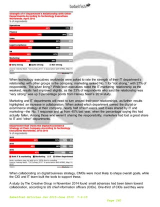 Babelfish Articles Jan 2015-June 2015 7-6-15
Page 260
When technology executives worldwide were asked to rate the strength of their IT department’s
relationship with other groups in the company, marketing ranked No. 1 for “not strong,” with 27% of
respondents. The silver lining? While tech executives rated the IT-marketing relationship as the
weakest, results had improved slightly, as the 33% of respondents who said the relationship was
“very strong” was up 3 percentage points from Harvey Nash’s 2014 study.
Marketing and IT departments will need to turn around their poor relationships, as further results
highlighted an increase in collaboration. When asked which department owned the digital or
ecommerce strategy at their company, nearly half of tech execs said it was shared by IT and
marketing—the No. 1 response and up from 40% last year, when the percentage saying this had
actually fallen. Among those who weren’t sharing the responsibility, marketers had lost a great share
to IT and “other” departments.
When collaborating on digital business strategy, CMOs were most likely to shape overall goals, while
the CIO and IT team built the tools to support these.
A study by The Creative Group in November 2014 found small advances had been taken toward
collaboration, according to US chief information officers (CIOs). One-third of CIOs said they were
 