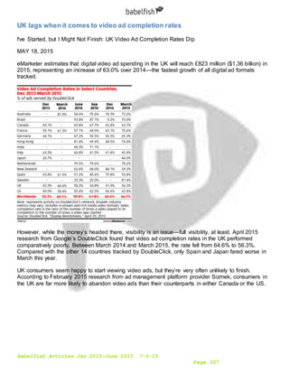 Babelfish Articles Jan 2015-June 2015 7-6-15
Page 307
UK lags when it comes to video ad completion rates
I've Started, but I Might Not Finish: UK Video Ad Completion Rates Dip
MAY 18, 2015
eMarketer estimates that digital video ad spending in the UK will reach £823 million ($1.36 billion) in
2015, representing an increase of 63.0% over 2014—the fastest growth of all digital ad formats
tracked.
However, while the money’s headed there, visibility is an issue—full visibility, at least. April 2015
research from Google’s DoubleClick found that video ad completion rates in the UK performed
comparatively poorly. Between March 2014 and March 2015, the rate fell from 64.6% to 56.3%.
Compared with the other 14 countries tracked by DoubleClick, only Spain and Japan fared worse in
March this year.
UK consumers seem happy to start viewing video ads, but they’re very often unlikely to finish.
According to February 2015 research from ad management platform provider Sizmek, consumers in
the UK are far more likely to abandon video ads than their counterparts in either Canada or the US.
 