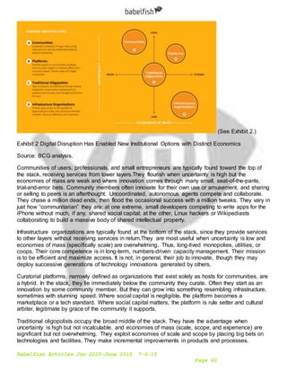 Babelfish Articles Jan 2015-June 2015 7-6-15
Page 62
(See Exhibit 2.)
Exhibit 2 Digital Disruption Has Enabled New Institutional Options with Distinct Economics
Source: BCG analysis.
Communities of users, professionals, and small entrepreneurs are typically found toward the top of
the stack, receiving services from lower layers.They flourish when uncertainty is high but the
economies of mass are weak and where innovation comes through many small, seat-of-the-pants,
trial-and-error bets. Community members often innovate for their own use or amusement, and sharing
or selling to peers is an afterthought. Uncoordinated, autonomous agents compete and collaborate.
They chase a million dead ends, then flood the occasional success with a million tweaks. They vary in
just how “communitarian” they are: at one extreme, small developers competing to write apps for the
iPhone without much, if any, shared social capital; at the other, Linux hackers or Wikipediasts
collaborating to build a massive body of shared intellectual property.
Infrastructure organizations are typically found at the bottom of the stack, since they provide services
to other layers without receiving services in return.They are most useful when uncertainty is low and
economies of mass (specifically scale) are overwhelming. Thus, long-lived monopolies, utilities, or
coops. Their core competence is in long-term, numbers-driven capacity management. Their mission
is to be efficient and maximize access. It is not, in general, their job to innovate, though they may
deploy successive generations of technology innovations generated by others.
Curatorial platforms, narrowly defined as organizations that exist solely as hosts for communities, are
a hybrid. In the stack, they lie immediately below the community they curate. Often they start as an
innovation by some community member. But they can grow into something resembling infrastructure,
sometimes with stunning speed. Where social capital is negligible, the platform becomes a
marketplace or a tech standard. Where social capital matters, the platform is rule setter and cultural
arbiter, legitimate by grace of the community it supports.
Traditional oligopolists occupy the broad middle of the stack. They have the advantage when
uncertainty is high but not incalculable, and economies of mass (scale, scope, and experience) are
significant but not overwhelming. They exploit economies of scale and scope by placing big bets on
technologies and facilities. They make incremental improvements in products and processes.
 