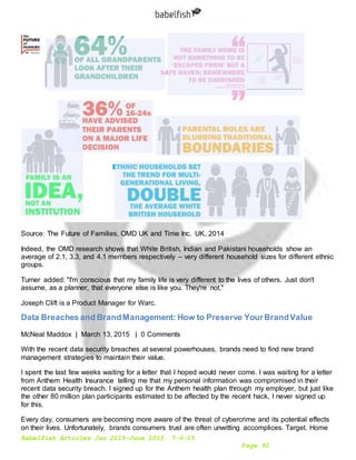 Babelfish Articles Jan 2015-June 2015 7-6-15
Page 92
Source: The Future of Families, OMD UK and Time Inc. UK, 2014
Indeed, the OMD research shows that White British, Indian and Pakistani households show an
average of 2.1, 3.3, and 4.1 members respectively – very different household sizes for different ethnic
groups.
Turner added: "I'm conscious that my family life is very different to the lives of others. Just don't
assume, as a planner, that everyone else is like you. They're not."
Joseph Clift is a Product Manager for Warc.
Data Breaches and BrandManagement: How to Preserve YourBrandValue
McNeal Maddox | March 13, 2015 | 0 Comments
With the recent data security breaches at several powerhouses, brands need to find new brand
management strategies to maintain their value.
I spent the last few weeks waiting for a letter that I hoped would never come. I was waiting for a letter
from Anthem Health Insurance telling me that my personal information was compromised in their
recent data security breach. I signed up for the Anthem health plan through my employer, but just like
the other 80 million plan participants estimated to be affected by the recent hack, I never signed up
for this.
Every day, consumers are becoming more aware of the threat of cybercrime and its potential effects
on their lives. Unfortunately, brands consumers trust are often unwitting accomplices. Target. Home
 
