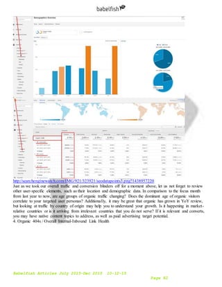 Babelfish Articles July 2015-Dec 2015 10-12-15
Page 82
http://searchenginewatch.com/IMG/921/323921/seodatapoints3.png?1438957220
Just as we took our overall traffic and conversion blinders off for a moment above, let us not forget to review
other user-specific elements, such as their location and demographic data. In comparison to the focus month
from last year to now, are age groups of organic traffic changing? Does the dominant age of organic visitors
correlate to your targeted user personas? Additionally, it may be great that organic has grown in YoY review,
but looking at traffic by country of origin may help you to understand your growth. Is it happening in market-
relative countries or is it arriving from irrelevant countries that you do not serve? If it is relevant and converts,
you may have native content topics to address, as well as paid advertising target potential.
4. Organic 404s / Overall Internal-Inbound Link Health
 