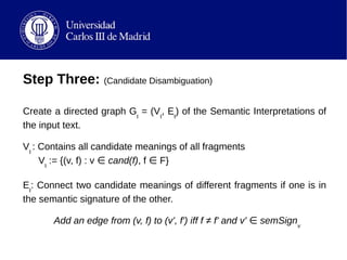 Step Three: (Candidate Disambiguation)
Create a directed graph GI
= (VI
, EI
) of the Semantic Interpretations of
the inpu...