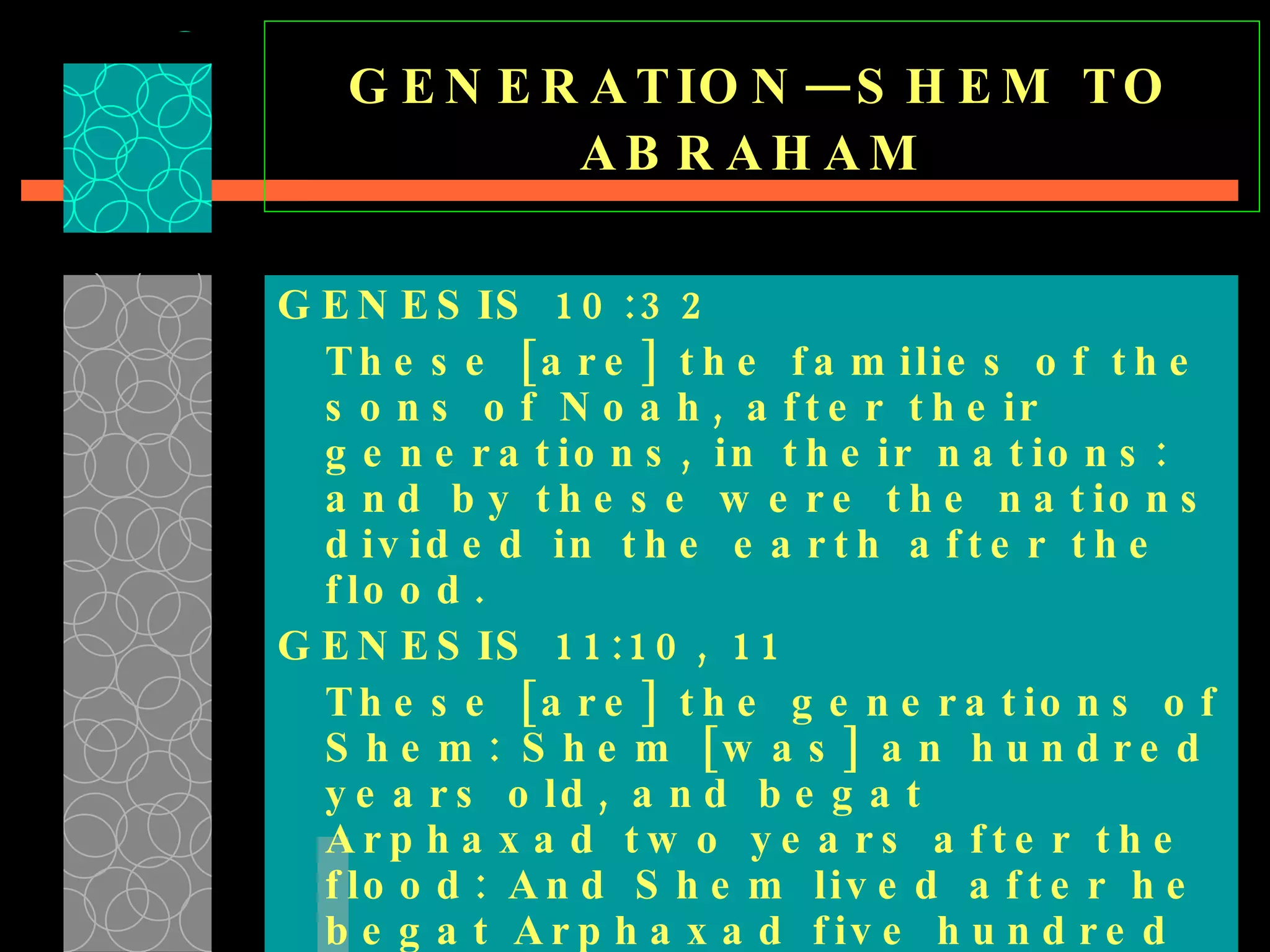 GENERATION—SHEM TO ABRAHAM   GENESIS 10:32 These [are] the families of the sons of Noah, after their generations, in their nations: and by these were the nations divided in the earth after the flood. GENESIS 11:10, 11 These [are] the generations of Shem: Shem [was] an hundred years old, and begat Arphaxad two years after the flood: And Shem lived after he begat Arphaxad five hundred years, and begat sons and daughters .  
