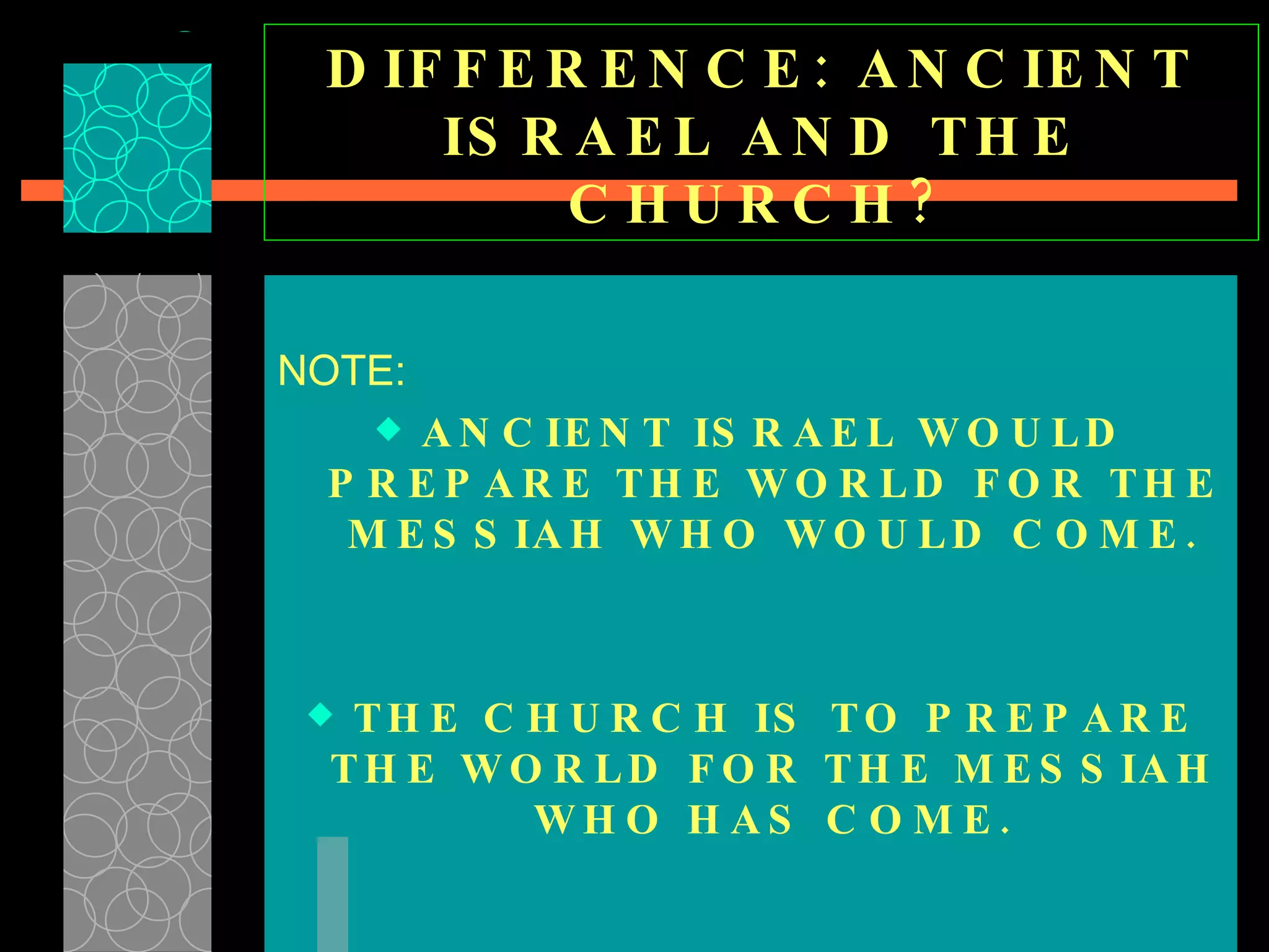 DIFFERENCE: ANCIENT ISRAEL AND THE CHURCH? NOTE: ANCIENT ISRAEL WOULD PREPARE THE WORLD FOR THE MESSIAH WHO WOULD COME. THE CHURCH IS TO PREPARE THE WORLD FOR THE MESSIAH WHO HAS COME. 