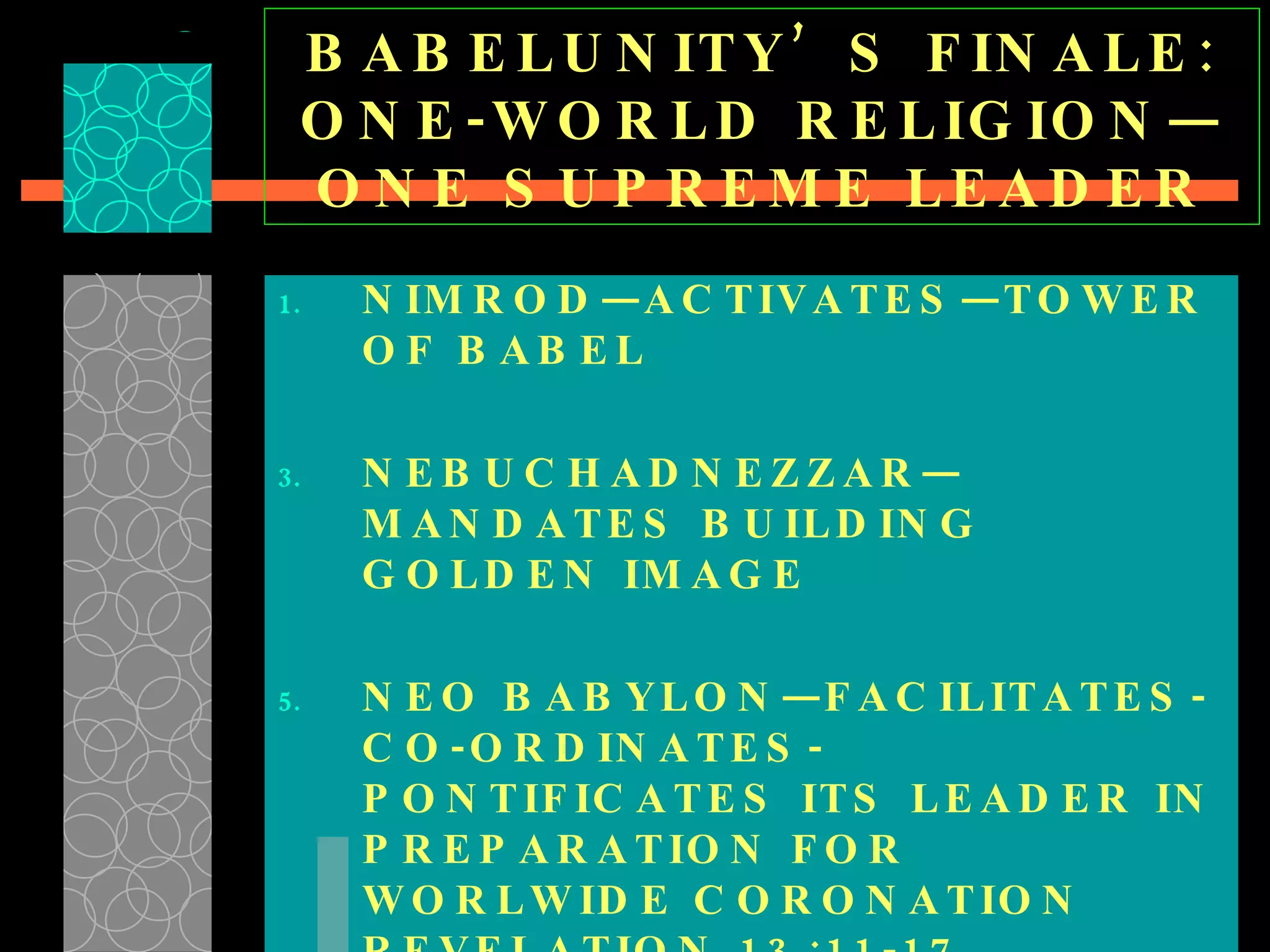 BABELUNITY’S FINALE: ONE-WORLD RELIGION—ONE SUPREME LEADER NIMROD—ACTIVATES—TOWER  OF BABEL NEBUCHADNEZZAR—MANDATES BUILDING GOLDEN IMAGE  NEO BABYLON—FACILITATES-CO-ORDINATES-PONTIFICATES ITS LEADER IN PREPARATION FOR WORLWIDE CORONATION REVELATION 13:11-17 