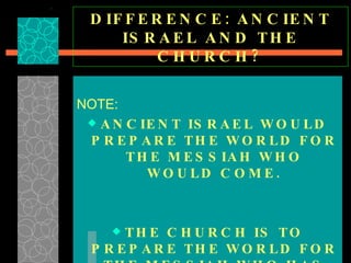 DIFFERENCE: ANCIENT ISRAEL AND THE CHURCH? NOTE: ANCIENT ISRAEL WOULD PREPARE THE WORLD FOR THE MESSIAH WHO WOULD COME. THE CHURCH IS TO PREPARE THE WORLD FOR THE MESSIAH WHO HAS COME. 
