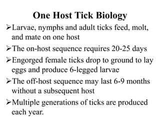 One Host Tick Biology
Larvae, nymphs and adult ticks feed, molt,
and mate on one host
The on-host sequence requires 20-25 days
Engorged female ticks drop to ground to lay
eggs and produce 6-legged larvae
The off-host sequence may last 6-9 months
without a subsequent host
Multiple generations of ticks are produced
each year.
 