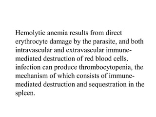 Hemolytic anemia results from direct
erythrocyte damage by the parasite, and both
intravascular and extravascular immune-
mediated destruction of red blood cells.
infection can produce thrombocytopenia, the
mechanism of which consists of immune-
mediated destruction and sequestration in the
spleen.
 