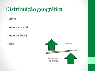 Distribuição geográfica
• África
• América central
• América do Sul
• Ásia Vetores
Distribuição
da doença
 