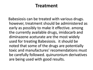 Treatment
Babesiosis can be treated with various drugs.
however, treatment should be administered as
early as possibly to make it effective. among
the currently available drugs, imidocarb and
diminazene aceturate are the most widely
used for treating Babesiosis. it should be
noted that some of the drugs are potentially
toxic and manufactures' recomendations must
be carefully followed. quinuronium derivatives
are being used with good results.
 