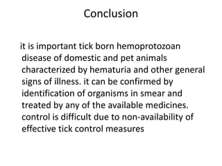 Conclusion
it is important tick born hemoprotozoan
disease of domestic and pet animals
characterized by hematuria and other general
signs of illness. it can be confirmed by
identification of organisms in smear and
treated by any of the available medicines.
control is difficult due to non-availability of
effective tick control measures
 