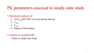 PK parameters assessed in steady state study
• Statistical analysis of
1. AUC(0-𝛕)SS: AUC over one dosing interval.
2. Cmax
3. Cmin
4. Degree of fluctuation
• Criteria to establish BE
Same as single dose study
26
 