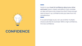 Factor in your level of confidence about your other
estimates (reach, impact and effort). If you consider
an idea will hav...