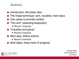 Geertje Appel
Danny Kalkhoven
Ber Albers
AGENDA
■ Introduction, the basic idea
■ The triage technique: sort, visualise, ne...