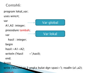 program lokal_var; uses wincrt; var A1,A2: integer;  procedure  tambah ; var hasil : integer;  begin hasil:=A1+A2; writeln ('Hasil  =',hasil); end; Begin write ('Masukkan 2 angka bulat dgn spasi='); readln (a1,a2); tambah ; end. Var global Var lokal 