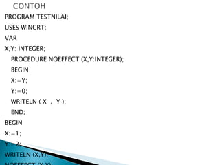 PROGRAM TESTNILAI; USES WINCRT; VAR X,Y: INTEGER; PROCEDURE NOEFFECT (X,Y:INTEGER); BEGIN X:=Y; Y:=0; WRITELN ( X  ,  Y ); END; BEGIN X:=1; Y:=2; WRITELN (X,Y); NOEFFECT (X,Y); WRITELN (X,Y); END. 