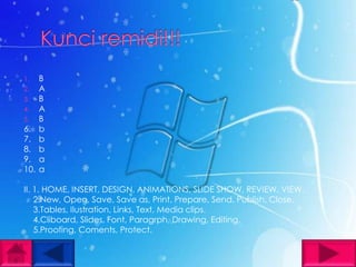 1.    B
2.    A
3.    B
4.    A
5.    B
6.    b
7.    b
8.    b
9.    a
10.   a

II. 1. HOME, INSERT, DESIGN, ANIMATIONS, SLIDE SHOW, REVIEW, VIEW.
    2.New, Open, Save, Save as, Print, Prepare, Send, Publish, Close.
    3.Tables, Ilustration, Links, Text, Media clips.
    4.Cliboard, Slides, Font, Paragrph, Drawing, Editing.
    5.Proofing, Coments, Protect.
 