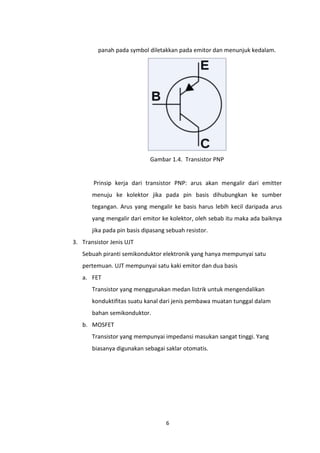 panah pada symbol diletakkan pada emitor dan menunjuk kedalam.




                             Gambar 1.4. Transistor PNP


       Prinsip kerja dari transistor PNP: arus akan mengalir dari emitter
       menuju ke kolektor jika pada pin basis dihubungkan ke sumber
       tegangan. Arus yang mengalir ke basis harus lebih kecil daripada arus
       yang mengalir dari emitor ke kolektor, oleh sebab itu maka ada baiknya
       jika pada pin basis dipasang sebuah resistor.
3. Transistor Jenis UJT
   Sebuah piranti semikonduktor elektronik yang hanya mempunyai satu
   pertemuan. UJT mempunyai satu kaki emitor dan dua basis
   a. FET
       Transistor yang menggunakan medan listrik untuk mengendalikan
       konduktifitas suatu kanal dari jenis pembawa muatan tunggal dalam
       bahan semikonduktor.
   b. MOSFET
       Transistor yang mempunyai impedansi masukan sangat tinggi. Yang
       biasanya digunakan sebagai saklar otomatis.




                                   6
 