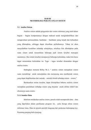 29

BAB III
METODOLOGI PERANCANGAN SISTEM

3.1 Analisa Sistem
Analisis sistem adalah penguraian dari sistem informasi yang utuh dalam
bagian – bagian komponennya dengan maksud unutk mengindentifikasi dan
mengavaluasi permasalahan, hambatan – hambatan yamg terjadi dan kebutuhan
yang diharapkan, sehingga dapat diusulkan perbaikannya. Tahap ini akan
menyebabkan kesalahan terhadap selanjutnya, misalnya kita dihadapkan pada
suatu sistem untuk menentukan beberapa jauh sistem tersebut mencapai
sasarannya. Jika sistem tersebut mempunyai beberapa kelemahan, maka kita harus
dapat menentukan kelemahan itu. Tuga – tugas tersebut dinamakan dengan
analisa sistem.
Sedangkan menurut Rilley M..J, “ analisis sistem merupakan sistem
suatu metodologi untuk menciptakan dan merancang atau membentuk sistem
yang dapat diaplikasikan dari metode – metode ilmiah terhadap sistem – sistem.”
Berdasarkan uraian tersebut, dapat disimpilkan bahawa analisis sistem
merupakan penelahaan terhadap sistem yang berjalan unutk dilihat efektif dan
efesiennya suatu sistem.
3.1.1 Sumber Data
Sebelum melakukan analisa sistem, penulis telah memperoleh data – data
yang diperlukan dalam pembuatan program ini,

yaitu berupa aliran sistem

informasi lama. Data ini penulis peroleh langsung dari puskemas kalumpang kec.
Pematang panjang kab.sijunjung.

 