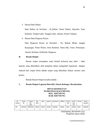 36

3. Desain Data Dokter
Data Dokter ini berisikan : Id_Dokter, Nama Dokter, Spesialis, Jenis
Kelamin, Tempat Lahir, Tanggal Lahir, Alamat, Nomor Telepon.
4. Desain Data Diagnosa Pasien
Data Diagnosa Pasien ini berisikan : No. Rekam Medis, tanggal
Kunjungan, Nama Pasien, Jenis Kelamin, Nama KK, Umur, Perkerjaan,
Alamat, Keluhan, Poliklinik, Diagnosa.
B.

Desain Output
Desain output merupakan suatu bentuk keluaran atau tabel – tabel

laporan yang dibutuhkan oleh pimpinan dalam mengambil keputusan. Adapun
maksud dari output disini adalah output yang dihasilkan dilayar monitor atau
printer.
Bentuk Desain Output tersebut adalah :
1.

Desain Output Laporan Data KK ( Kartu Keluaga ) Keseluruhan
DINAS KESEHATAN
PUSKESMAS KALUMPANG
KEC. SIJUNJUNG
KAB. SIJUNJUNG

No
indeks

xx

Nama
kk

Tempat
tgl.
Lahir

Tgl.
lahir

jekel

agama

pekerjaan

xxxxx Xxxxx xxxx xxxx xxxx xxxxx

pddkan

Nama
istri

Nama
ang.
kel

alamat

xxxx

xxx

xxxx xxx

Status
layanan

xxxxx

Kalumpang, dd mmmm yyyy
Pengelola rekam medis

( xxxxxxxxxxxxx )

 