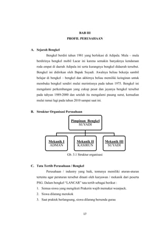 BAB III
PROFIL PERUSAHAAN

A. Sejarah Bengkel
Bengkel berdiri tahun 1981 yang berlokasi di Adipala. Mula – mula
berdirinya bengkel mobil Lacar ini karena semakin banyaknya kendaraan
roda empat di daerah Adipala ini serta kurangnya bengkel didaerah tersebut.
Bengkel ini didirikan oleh Bapak Suyadi. Awalnya beliau bekerja sambil
belajar di bengkel – bengkel dan akhirnya beliau memiliki keinginan untuk
membuka bengkel sendiri mulai merintisnya pada tahun 1975. Bengkel ini
mengalami perkembangan yang cukup pesat dan jayanya bengkel tersebut
pada tahyun 1989-2000 dan setelah itu mengalami pasang surut, kemudian
mulai ramai lagi pada tahun 2010 sampai saat ini.

B. Struktur Organisasi Persuahaan

Pimpinan Bengkel
SUYADI

Mekanik I
ADMAN

Mekanik II
KASIRUN

Mekanik III
SUYADI

Gb. 3.1 Struktur organisasi

C. Tata Tertib Perusahaan / Bengkel
Perusahaan / industry yang baik, tentunya memiliki aturan-aturan
tertentu agar peraturan tersebut ditaati oleh karyawan / mekanik dari peserta
PSG. Dalam bengkel “LANCAR” tata tertib sebagai berikut :
1. Semua siswa yang mengikuti Prakerin wajib memakai wearpack.
2. Siswa dilarang merokok
3. Saat praktek berlangsung, siswa dilarang bersenda gurau

17

 