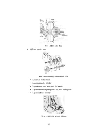 Gb. 4.12 Booster Rem
a. Melepas booster rem

Gb. 4.13 Pembongkaran Booster Rem
 Keluarkan brake fluida
 Lepaskan master silinder
 Lepaskan vacuum hose pada sisi booster
 Lepaskan sambungan operatif rod pada brake pedal
 Lepaskan brake booster

Gb. 4.14 Melepas Master Silinder

25

 