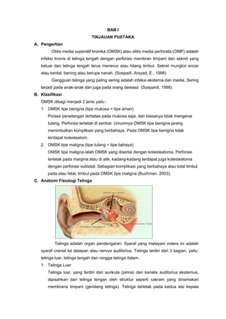 BAB I
TINJAUAN PUSTAKA
A. Pengertian
Otitis media superatif kronika (OMSK) atau otitis media perforata (OMP) adalah
infeksi kronis di telinga tengah dengan perforasi membran timpani dan sekret yang
keluar dari telinga tengah terus menerus atau hilang timbul. Sekret mungkin encer
atau kental, bening atau berupa nanah. (Soepadi, Arsyad, E., 1998)
Gangguan telinga yang paling sering adalah infeksi eksterna dan media. Sering
terjadi pada anak-anak dan juga pada orang dewasa (Soepardi, 1998).
B. Klasifikasi
OMSK dibagi menjadi 2 jenis yaitu :
1. OMSK tipe benigna (tipe mukosa = tipe aman)
Proses peradangan terbatas pada mukosa saja, dan biasanya tidak mengenai
tulang. Perforasi terletak di sentral. Umumnya OMSK tipe benigna jarang
menimbulkan komplikasi yang berbahaya. Pada OMSK tipe benigna tidak
terdapat kolesteatom.
2. OMSK tipe maligna (tipe tulang = tipe bahaya)
OMSK tipe maligna ialah OMSK yang disertai dengan kolesteatoma. Perforasi
terletak pada margina atau di atik, kadang-kadang terdapat juga kolesteatoma
dengan perforasi subtotal. Sebagian komplikasi yang berbahaya atau total timbul
pada atau fatal, timbul pada OMSK tipe maligna (Buchman. 2003).
C. Anatomi Fisiologi Telinga

Telinga adalah organ pendengaran. Syaraf yang melayani indera ini adalah
syaraf cranial ke delapan atau nervus auditorius. Telinga terdiri dari 3 bagian, yaitu:
telinga luar, telinga tengah dan rongga telinga dalam.
1. Telinga Luar
Telinga luar, yang terdiri dari aurikula (pinna) dan kanalis auditorius eksternus,
dipisahkan dari telinga tengan oleh struktur seperti cakram yang dinamakan
membrana timpani (gendang telinga). Telinga terletak pada kedua sisi kepala

 