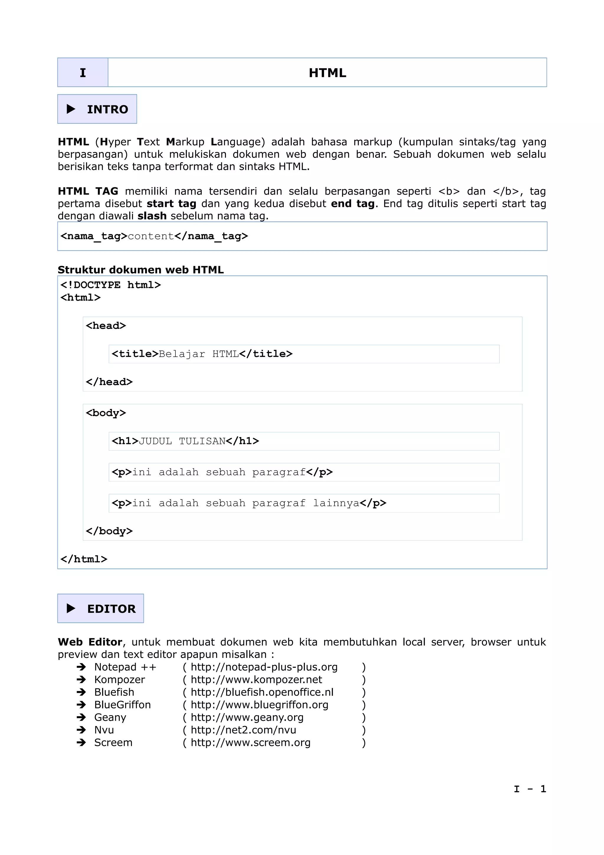 I HTML
 INTRO
HTML (Hyper Text Markup Language) adalah bahasa markup (kumpulan sintaks/tag yang
berpasangan) untuk melukiskan dokumen web dengan benar. Sebuah dokumen web selalu
berisikan teks tanpa terformat dan sintaks HTML.
HTML TAG memiliki nama tersendiri dan selalu berpasangan seperti <b> dan </b>, tag
pertama disebut start tag dan yang kedua disebut end tag. End tag ditulis seperti start tag
dengan diawali slash sebelum nama tag.
<nama_tag>content</nama_tag>
Struktur dokumen web HTML
<!DOCTYPE html>
<html>
<head>
<title>Belajar HTML</title>
</head>
<body>
<h1>JUDUL TULISAN</h1>
<p>ini adalah sebuah paragraf</p>
<p>ini adalah sebuah paragraf lainnya</p>
</body>
</html>
 EDITOR
Web Editor, untuk membuat dokumen web kita membutuhkan local server, browser untuk
preview dan text editor apapun misalkan :
➔ Notepad ++ ( http://notepad-plus-plus.org )
➔ Kompozer ( http://www.kompozer.net )
➔ Bluefish ( http://bluefish.openoffice.nl )
➔ BlueGriffon ( http://www.bluegriffon.org )
➔ Geany ( http://www.geany.org )
➔ Nvu ( http://net2.com/nvu )
➔ Screem ( http://www.screem.org )
I - 1
 
