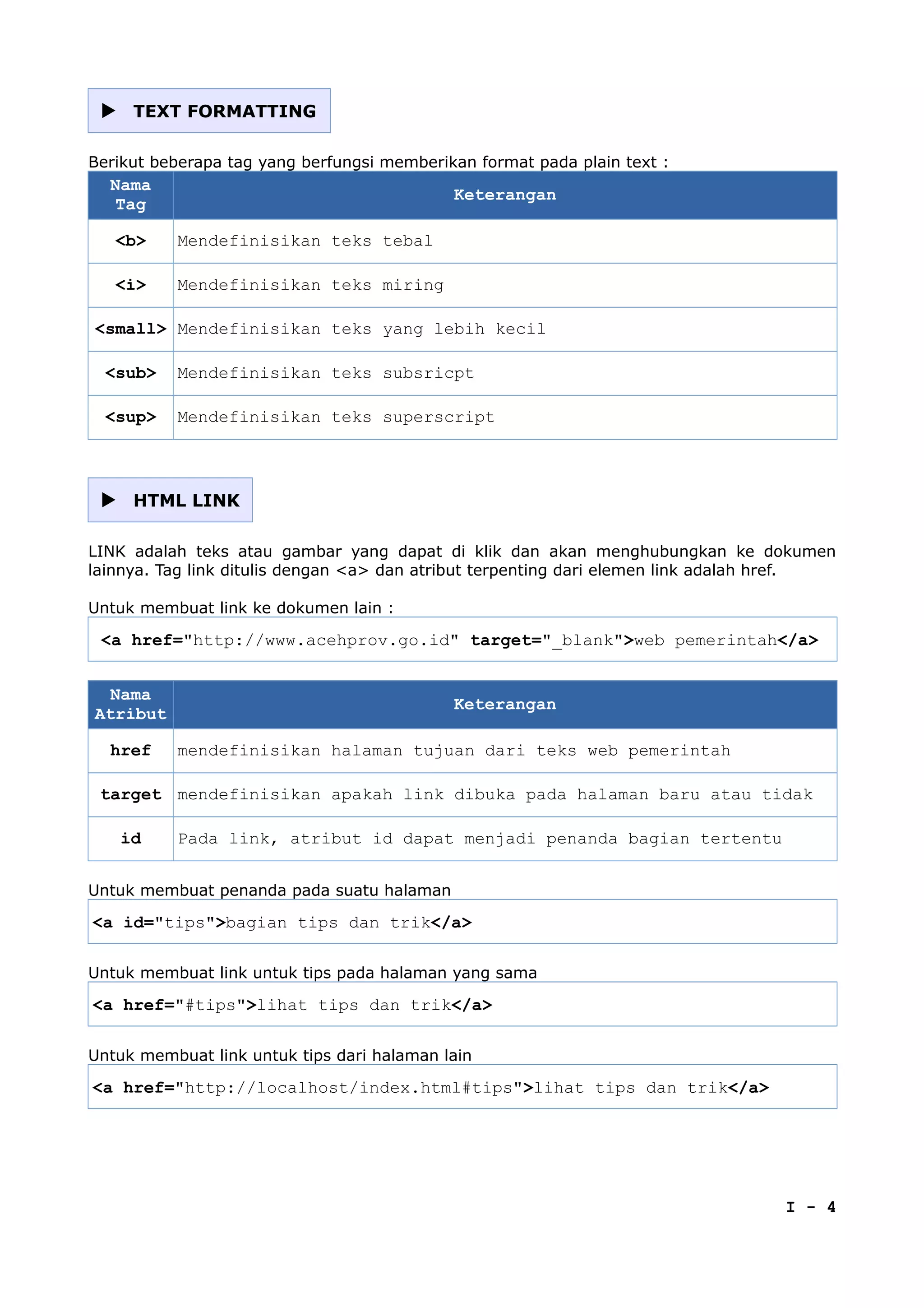  TEXT FORMATTING
Berikut beberapa tag yang berfungsi memberikan format pada plain text :
Nama
Tag
Keterangan
<b> Mendefinisikan teks tebal
<i> Mendefinisikan teks miring
<small> Mendefinisikan teks yang lebih kecil
<sub> Mendefinisikan teks subsricpt
<sup> Mendefinisikan teks superscript
 HTML LINK
LINK adalah teks atau gambar yang dapat di klik dan akan menghubungkan ke dokumen
lainnya. Tag link ditulis dengan <a> dan atribut terpenting dari elemen link adalah href.
Untuk membuat link ke dokumen lain :
<a href="http://www.acehprov.go.id" target="_blank">web pemerintah</a>
Nama
Atribut
Keterangan
href mendefinisikan halaman tujuan dari teks web pemerintah
target mendefinisikan apakah link dibuka pada halaman baru atau tidak
id Pada link, atribut id dapat menjadi penanda bagian tertentu
Untuk membuat penanda pada suatu halaman
<a id="tips">bagian tips dan trik</a>
Untuk membuat link untuk tips pada halaman yang sama
<a href="#tips">lihat tips dan trik</a>
Untuk membuat link untuk tips dari halaman lain
<a href="http://localhost/index.html#tips">lihat tips dan trik</a>
I - 4
 