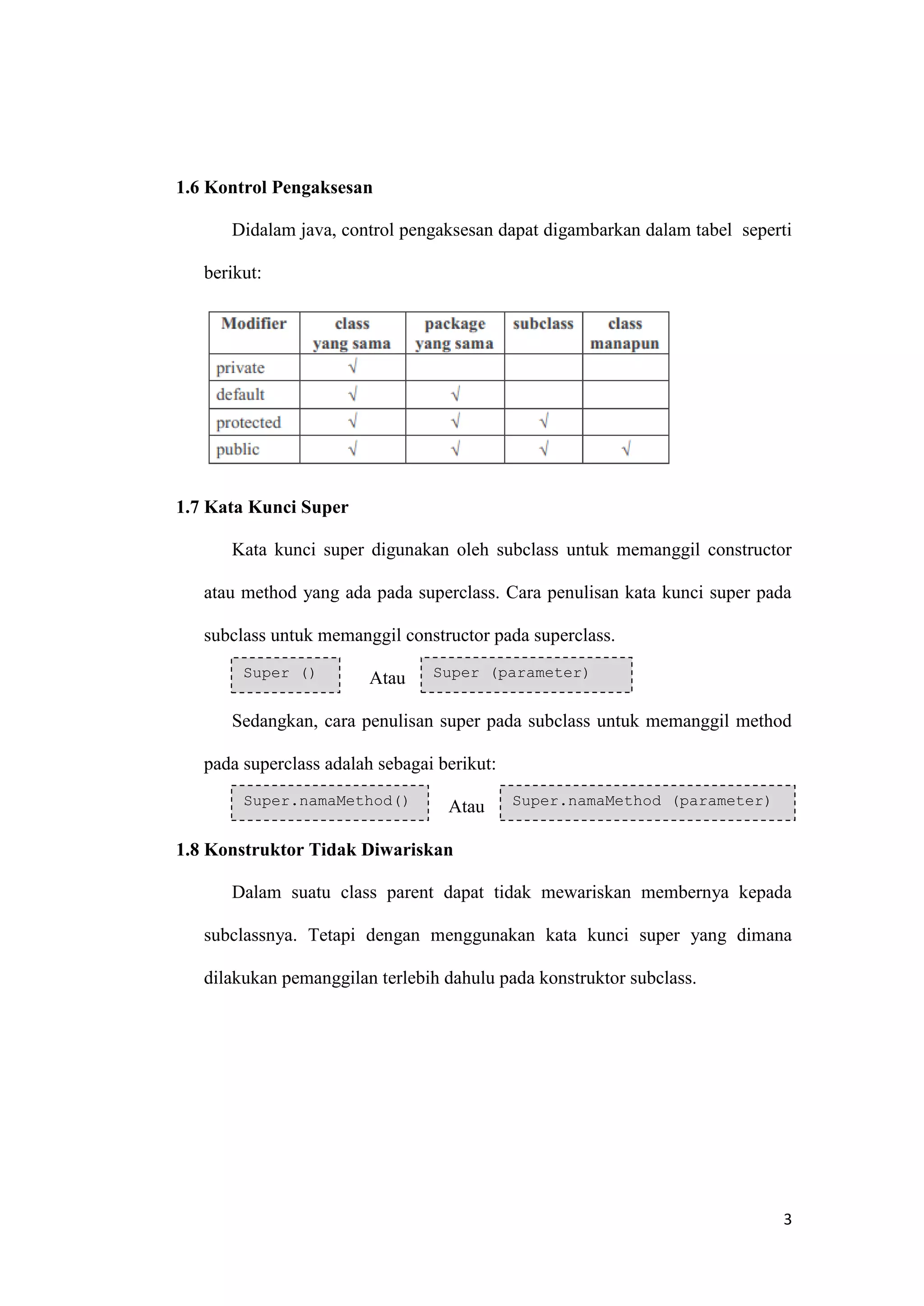 3 
1.6 Kontrol Pengaksesan 
Didalam java, control pengaksesan dapat digambarkan dalam tabel seperti berikut: 
1.7 Kata Kunci Super 
Kata kunci super digunakan oleh subclass untuk memanggil constructor atau method yang ada pada superclass. Cara penulisan kata kunci super pada subclass untuk memanggil constructor pada superclass. 
Atau 
Sedangkan, cara penulisan super pada subclass untuk memanggil method pada superclass adalah sebagai berikut: 
Atau 
1.8 Konstruktor Tidak Diwariskan 
Dalam suatu class parent dapat tidak mewariskan membernya kepada subclassnya. Tetapi dengan menggunakan kata kunci super yang dimana dilakukan pemanggilan terlebih dahulu pada konstruktor subclass. 
Super () Super (parameter) Super.namaMethod() Super.namaMethod (parameter)  
