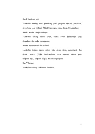 7
Bab II Landasan teori
Membahas tentang teori pendukung yaitu program aplikasi, pendataan,
siswa baru, MA. Miftahul Midad Sumberejo, Visual Basic. Net, database.
Bab III Analisa dan perancangan
Membahas tentang analisa sistem, analisa desain perancangan yang
digunakan, dan logika perancangan.
Bab IV Implementasi dan evaluasi
Membahas tentang desain sistem yaitu desain output, desain input, dan
desain proses (DAD dan flowchart), serta evaluasi sistem yaitu
tampilan input, tampilan output, dan modul program.
Bab V Penutup
Membahas tentang kesimpulan dan saran.
 