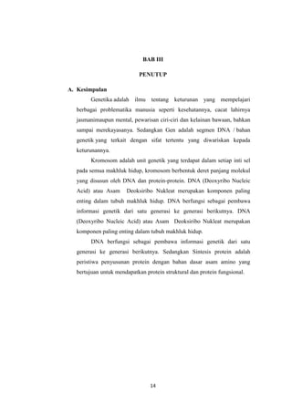 14
BAB III
PENUTUP
A. Kesimpulan
Genetika adalah ilmu tentang keturunan yang mempelajari
berbagai problematika manusia seperti kesehatannya, cacat lahirnya
jasmanimaupun mental, pewarisan ciri-ciri dan kelainan bawaan, bahkan
sampai merekayasanya. Sedangkan Gen adalah segmen DNA / bahan
genetik yang terkait dengan sifat tertentu yang diwariskan kepada
keturunannya.
Kromosom adalah unit genetik yang terdapat dalam setiap inti sel
pada semua makhluk hidup, kromosom berbentuk deret panjang molekul
yang disusun oleh DNA dan protein-protein. DNA (Deoxyribo Nucleic
Acid) atau Asam Deoksiribo Nukleat merupakan komponen paling
enting dalam tubuh makhluk hidup. DNA berfungsi sebagai pembawa
informasi genetik dari satu generasi ke generasi berikutnya. DNA
(Deoxyribo Nucleic Acid) atau Asam Deoksiribo Nukleat merupakan
komponen paling enting dalam tubuh makhluk hidup.
DNA berfungsi sebagai pembawa informasi genetik dari satu
generasi ke generasi berikutnya. Sedangkan Sintesis protein adalah
peristiwa penyusunan protein dengan bahan dasar asam amino yang
bertujuan untuk mendapatkan protein struktural dan protein fungsional.
 
