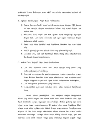 berinteraksi dengan lingkungan secara aktif, mencari dan menemukan berbagai hal
dari lingkungan.
B. Implikasi Teori Kognitif Piaget dalam Pembelajaran
1. Bahasa dan cara berfikir anak berbeda dengan orang dewasa. Oleh karena
itu guru mengajar dengan menggunakan bahasa yang sesuai dengan cara
berfikir anak.
2. Anak-anak akan belajar lebih baik apabila dapat menghadapi lingkungan
dengan baik. Guru harus membantu anak agar dapat berinteraksi dengan
lingkungan sebaik-baiknya.
3. Bahan yang harus dipelajari anak hendaknya dirasakan baru tetapi tidak
asing.
4. Berikan peluang agar anak belajar sesuai tahap perkembangannya.
5. Di dalam kelas, anak-anak hendaknya diberi peluang untuk saling berbicara
dan diskusi dengan teman-temanya.
C. Aplikasi Teori Kognitif Piaget dalam Pembelajaran
1. Guru harus memahami bahwa siswa bukan sebagai orang dewasa yang
mudah dalam proses berpikirnya,
2. Anak usia pra sekolah dan awal sekolah dasar belajar menggunakan benda-
benda konkret, keaktifan siswa sangat dipentingkan, guru menyusun materi
dengan menggunakan pola atau logika tertentu dari sederhana ke kompleks,
3. Guru menciptakan pembelajaran yang bermakna,
4. Memperhatikan perbedaan individual siswa untuk mencapai keberhasilan
siswa.
Dalam proses pembelajaran Guru mengajar dengan menggunakan
bahasa yang sesuai dengan cara berfikir siswa. Guru harus membantu anak agar
dapat berinteraksi dengan lingkungan sebaik-baiknya. Berikan peluang agar siswa
belajar sesuai tahap perkembangannya. Di dalam kelas, siswa hendaknya diberi
peluang untuk saling berbicara dan diskusi dengan teman-temanya. Contohnya pada
pelajaran di SD siswa mampu menemukan sebuah masalah dan mencari sendiri
pemecahan masalahnya. Misalnya dalam materi tentang struktur bunga, guru bisa
menyuruh siswa untuk mencari bunga yang strukturnya lengkap (seperti bunga
 