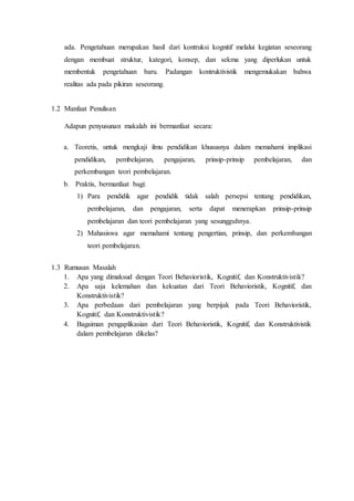 ada. Pengetahuan merupakan hasil dari kontruksi kognitif melalui kegiatan seseorang
dengan membuat struktur, kategori, konsep, dan sekma yang diperlukan untuk
membentuk pengetahuan baru. Padangan kontruktivistik mengemukakan bahwa
realitas ada pada pikiran seseorang.
1.2 Manfaat Penulisan
Adapun penyusunan makalah ini bermanfaat secara:
a. Teoretis, untuk mengkaji ilmu pendidikan khususnya dalam memahami implikasi
pendidikan, pembelajaran, pengajaran, prinsip-prinsip pembelajaran, dan
perkembangan teori pembelajaran.
b. Praktis, bermanfaat bagi:
1) Para pendidik agar pendidik tidak salah persepsi tentang pendidikan,
pembelajaran, dan pengajaran, serta dapat menerapkan prinsip-prinsip
pembelajaran dan teori pembelajaran yang sesungguhnya.
2) Mahasiswa agar memahami tentang pengertian, prinsip, dan perkembangan
teori pembelajaran.
1.3 Rumusan Masalah
1. Apa yang dimaksud dengan Teori Behavioristik, Kognitif, dan Konstruktivistik?
2. Apa saja kelemahan dan kekuatan dari Teori Behavioristik, Kognitif, dan
Konstruktivistik?
3. Apa perbedaan dari pembelajaran yang berpijak pada Teori Behavioristik,
Kognitif, dan Konstruktivistik?
4. Bagaiman pengaplikasian dari Teori Behavioristik, Kognitif, dan Konstruktivistik
dalam pembelajaran dikelas?
 