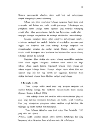 10
Keluarga mempengaruhi seluruhnya sistem sosial baik pada perkembangan
maupun kelangsungan perilaku seseorang.
Sebagai satu sistem sosial dasar keluarga mempunyai fungsi utama untuk
mentransfer nilai budaya dan tradisi melalui generasinya. Perkembangan dan
peningkatan sistem keluarga melalui organisasi yang kompleks berlangsung
melalui tahap –tahap perkembangan. Individu juga berkembang melalui tahap –
tahap perkembangan dan perjalanan ini umumnya terjadi dalam konteks keluarga.
Keluarga mengalami transisi dalam peristeiwa perkembangan seperti :
melahirkan, meninggal, dan menikah. Kejadian ini menimbulkan perubahan pada
anggota dan komposisi dari sistem keluarga. Keluarga memproses dan
mengembangkan kekuatan dan sumber internal. Diantara sumber –sumber
tersebut adalah kemampuan untuk beradaptasi dan berubah dalam respon terhadap
kebutuhan internal dan eksternal.
Perubahan dalam struktur dan proses keluarga menunjukkan perubahan
dalam seluruh anggota keluarganya. Perubahan dalam perilaku dan fungsi
individu sebagai anggota keluarga berpengaruh terhadap sistem keluarga dan
seluruh anggota keluarga lainnya. Keluarga sebagai sistem adalah lebih dari
sejumlah fungsi dari tiap –tiap individu dari anggotanya. Perubahan dalam
struktur dan fungsi keluarga dapat difasilitasi melalui terapi keluarga.
4) Kerangka teoritis
Terapi keluarga adalah model terapi yang bertujuan mengubah pola
interaksi keluarga sehingga bisa membenahi masalah-masalah dalam keluarga
(Gurman, Kniskern & Pinsof, 1986).
Terapi keluarga muncul dari observasi bahwa masalah-masalah yang ada
pada terapi individual mempunyai konsekuensi dan konteks sosial. Contohnya,
klien yang menunjukkan peningkatan selama menjalani terapi individual, bisa
terganggu lagi setelah kembali pada keluarganya.
Terapi keluarga didasarkan pada teori system (Van Bertalanffy, 1968)
yang terdiri dari 3 prinsip :
Pertama, adalah kausalitas sirkular, artinya peristiwa berhubungan dan saling
bergantung bukan ditentukan dalam sebab satu arah–efek perhubungan.
 