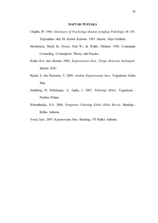 28
DAFTAR PUSTAKA
Chaplin, JP. 1968. Dictionary of Psychology (Kamus Lengkap Psikologi). M: 355.
Terjemahan oleh Dr. Kartini Kartono. 1981. Jakarta : Raja Grafindo.
Hershenson, David B.; Power, Paul W.; & Waldo, Michael. 1996. Community
Counseling, Contemporer Theory and Practice.
Keliat, B.A. dan Akemat. 2005. Keperawatan Jiwa: Terapi Akitivitas Kelompok.
Jakarta: EGC.
Riyadi, S. dan Purwanto, T. 2009. Asuhan Keperawatan Jiwa. Yogyakarta: Graha
Ilmu.
Sundberg, D, Winebarger, A, Taplin, J. 2007. Psikologi Klinis. Yogyakarta :
Pustaka Pelajar.
Wiramihardja, S.A. 2004. Pengantar Psikologi Klinis (Edisi Revisi). Bandung :
Refika Aditama.
Yosef, Iyus. 2007. Keperawatan Jiwa. Bandung: PT Refika Aditama.
 