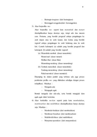 8
- Bertangis-tangisan (dari bertangisan)
- Bersenggal-senggolan(dari bersenggolan).
3) Akar berprefiks me-
Akar berprefiks me- seperti kata menembak dan menari
direduplikasikan hanya akarnya saja, tetapi ada dua macam
cara. Pertama, yang bersifat progresif artinya pengulangan ke
arah depan atau ke arah kanan; dan kedua yang bersifat
regresif artinya pengulangan ke arah belakang atau ke arah
kiri. Contoh kelompok (a) adalah yang bersifat progresif dan
kelompok (b) adalah yang bersifat regresif:
(a) Menembak-nembak (dasar menembak)
Menari-nari (dasar menari)
Melihat-lihat (dasar lihat)
Menendang-nendang (dasar menendang)
(b) Tembak-menembak (dasar menembak)
Tendang-menendang (dasar menendang)
Pukul-memukul (dasar memukul)
Disamping itu dalam jumlah yang terbatas ada juga proses
pemberian prefiks me- yang dilakukan sekaligus dengan proses
reduplikasi. Misalnya :
- Mengada-ada
- Mengagak-agak
Bentuk mengada dan ada-ada, serta bentuk mengajak dam
agak-agak tidak berterima
4) Akar berklofiks me-kan seperti pada kata membedakan,
membesarkan dan melebihkan direduplikasikan hanya akarnya
saja. Misalnya :
- Membeda-bedakan (dari membedakan)
- Membesar-besarkan (dari membesarkan)
- Melebih-lebihkan (dari melebihkan)
- Menyama-nyamakan (dari menyamakan)
 