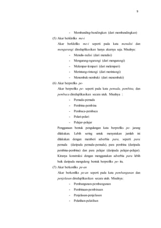 9
- Membanding-bandingkan (dari membandingkan)
(5) Akar berklofiks me-i
Akar berklofiks me-i seperti pada kata menulisi dan
mengurangi direduplikasikan hanya akarnya saja. Misalnya:
- Menulis-nulisi (dari menulisi)
- Mengurang-ngurangi (dari mengurangi)
- Melempar-lempari (dari melempari)
- Merintang-rintangi (dari merintangi)
- Menembak-nembaki (dari menembaki)
(6) Akar berprefiks pe-
Akar berprefiks pe- seperti pada kata pemuda, pembina, dan
pembaca direduplikasikan secara utuh. Misalnya :
- Pemuda-pemuda
- Pembina-pembina
- Pembaca-pembaca
- Pelari-pelari
- Pelajar-pelajar
Penggunaan bentuk pengulangan kata berprefiks pe- jarang
dilakukan. Lebih sering untuk menyatakan jumlah ini
dilakukan dengan memberi adverbia para, seperti para
pemuda (daripada pemuda-pemuda), para pembina (daripada
pembina-pembina) dan para pelajar (daripada pelajar-pelajar).
Kiranya konstruksi dengan menggunakan adverbia para lebih
baik daripada mengulang bentuk berprefiks pe- itu.
(7) Akar berkonfiks pe-an
Akar berkonfiks pe-an seperti pada kata pembangunan dan
penjelasan direduplikasikan secara utuh. Misalnya:
- Pembangunan-pembangunan
- Pembinaan-pembinaan
- Penjelasan-penjelasan
- Pelatihan-pelatihan
 