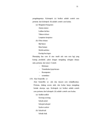 11
pengulangannya. Kelompok (a) berikut adalah contoh cara
pertama dan kelompok (b) adalah contoh cara kedua.
(a) Bangunan-bangunan
Aturan-aturan
Latihan-latihan
Tulisan-tulisan
Lampiran-lampiran
(b) Obat-obatan
Biji-bijian
Batu-batuan
Mobil-mobilan
Kucing-kucingan
Disamping dua cara di atas masih ada satu cara lagi yang
kurang produktif, yakni dengan mengulang sebagian (hanya
suku pertama dari akar). Contoh:
- Bebatuan
- Tetumbuhan’pepohonan
- Rerumputan
- reruntuhan
(10) Akar berprefiks se-
Akar berprefiks se- ada dua macam cara reduplikasinya.
Pertama, diulang secara utuh, dan kedua hanya mengulang
bentuk akarnya saja. Kelompok (a) berikut adalah contoh
cara pertama dan kelompok (b) adalah contoh cara kedua.
(a) Sedikit-sedikit
Seorang-seorang
Sekali-sekali
Sekepal-sekepal
Seekor-seekor
(b) Sekali-kali
Sebaik-baik
 