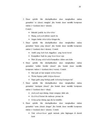 20
2. Dasar ajektifa bila direduplikasikan akan menghasilkan makna
gramatikal ‘se (dasar) mungkin’ jika bentuk dasar memiliki komponen
makna (+ keadaan) dan (+ ukuran).
Contoh :
 Bukalah jendela itu lebar-lebar.
 Buang jauh-jauh pikiran seperti itu
 Jangan duduk dekat-dekat dengan dia
3. Dasar ajektifa bila direduplikasikan akan menghasilkan makna
gramatikal ‘hanya yang (dasar)’ jika bentuk dasar memiliki komponen
makna (+ keadaan) dan (+ukuran). Contoh:
 Ambil yang baik-baik, tinggalkan yang buruk-buruk
 Kumpulkan buah itu yang besar-besar saja
 Muri ]d yang nakal-nakal kumpulkan dalam satu kelas
4. Dasar ajektifa bila direduplikasikan akan menghasilkan makna
gramatikal ‘sedikit bersifat (dasar)’ jika bentuk dasar memiliki
komponen makna (+ keadaan) dan (+warna). Contoh:
 Dari jauh air laut tampak kebiru-biruan
 Warna bajunya putih kehijau-hijauan
 Siapa gadis yang berbaju putih kekuning-kuningan itu?
5. Dasar ajektifa bila direduplikasikan akan menghasilkan makna
gramatikal ‘meskipun (dasar)’ jika bentuk dasar memiliki komponen
makna (+ keadaan) dan (+ sikap).
 Jauh-jauh saya datang, tetapi orangnya tidak ada
 Kecil-kecil berani dia melawan preman itu
 Gelap-gelap datang juga dia ke rumahku
6. Dasar ajektifa bila direduplikasikan akan menghasilkan makna
gramatikal ‘sama (dasar) dengan’ jika bentuk dasar memiliki komponen
makna (+ keadaan) dan (+ ukuran). Contoh:
 Truk sebesar-besar gajah merusak jalan lingkungan di daerah
kami
 