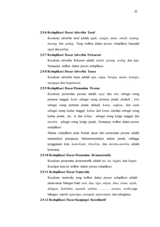22
2.9.6 Reduplikasi Dasar Adverbia Taraf
Kosakata adverbia taraf adalah agak, sangat, amat, sekali, sedang,
kurang dan paling. Yang terlibat dalam proses reduplikasi hanyalah
agak dan paling.
2.9.7 Reduplikasi Dasar Adverbia Frekuensi
Kosakata adverbia frekuensi adalah sekali, jarang, sering, dan lagi.
Semuanya terlibat dalam proses reduplikasi.
2.9.8 Reduplikasi Dasar Adverbia Tanya
Kosakata adverbia tanya adalah apa, siapa, berapa, mana, kenapa,
mengapa dan bagaimana.
2.9.9 Reduplikasi Dasar Pronomina Pesona
Kosakata pronomina pesona adalah saya dan aku sebagai orang
pertama tunggal; kami sebagai orang pertama jamak ekslusif ; kita
sebagai orang pertama jamak inklusif; kamu, engkau, dan anda
sebagai orang kedua tunggal; kalian dan kamu sekalian sebagai orang
kedua jamak; dia, ia dan beliau sebagai orang ketiga tunggal; dan
mereka sebagai orang ketiga jamak. Semuanya terlibat dalam proses
reduplikasi.
Makna reduplikasi pada bentuk dasar dari pronomina pesona adalah
menyatakan penegasan, bukanmenyatakan makna jamak, sehingga
penggunaan kata kami-kami, kita-kita, dan mereka-mereka adalah
berterima.
2.9.10 Reduplikasi Dasar Pronomina Demonstratifa
Kosakata pronomina demonstratifa adalah ini, itu, begini, dan begitu.
Keempat kata ini terlibat dalam proses reduplikasi.
2.9.11 Reduplikasi Dasar Numeralia
Kosakata numeralia yang terlibat dalam proses reduplikasi adalah
nama-nama bilangan bulat satu, dua, tiga, empat, lima, enam, tujuh,
delapan, Sembilan, sepuluh, sebelas, ………., seratus, seribu.juga
bilangan seperti sepertiga, setengah, seperempat, dan sebagimya.
2.9.12 Reduplikasi Dasar Konjungsi Koordinatif
 