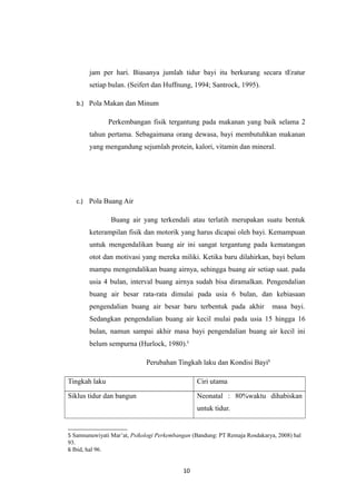 jam per hari. Biasanya jumlah tidur bayi itu berkurang secara tEratur
setiap bulan. (Seifert dan Huffnung, 1994; Santrock, 1995).
b.) Pola Makan dan Minum
Perkembangan fisik tergantung pada makanan yang baik selama 2
tahun pertama. Sebagaimana orang dewasa, bayi membutuhkan makanan
yang mengandung sejumlah protein, kalori, vitamin dan mineral.
c.) Pola Buang Air
Buang air yang terkendali atau terlatih merupakan suatu bentuk
keterampilan fisik dan motorik yang harus dicapai oleh bayi. Kemampuan
untuk mengendalikan buang air ini sangat tergantung pada kematangan
otot dan motivasi yang mereka miliki. Ketika baru dilahirkan, bayi belum
mampu mengendalikan buang airnya, sehingga buang air setiap saat. pada
usia 4 bulan, interval buang airnya sudah bisa diramalkan. Pengendalian
buang air besar rata-rata dimulai pada usia 6 bulan, dan kebiasaan
pengendalian buang air besar baru terbentuk pada akhir masa bayi.
Sedangkan pengendalian buang air kecil mulai pada usia 15 hingga 16
bulan, namun sampai akhir masa bayi pengendalian buang air kecil ini
belum sempurna (Hurlock, 1980).5
Perubahan Tingkah laku dan Kondisi Bayi6
Tingkah laku Ciri utama
Siklus tidur dan bangun Neonatal : 80%waktu dihabiskan
untuk tidur.
5 Samsunuwiyati Mar’at, Psikologi Perkembangan (Bandung: PT Remaja Rosdakarya, 2008) hal
93.
6 Ibid, hal 96.
10
 