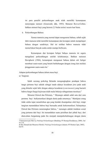 ini para peneliti perkembangan anak telah memiliki kemampuan
menyimpan memori (Grunwald, dkk, 1993). Menurut Rovve-Collier,
bahkan memori bayi yang berusia 2,5 bulan terinci secara luar biasa.
6. Perkembangan Bahasa
Semua manusia yang normal dapat mengusasai bahasa, sebab sejak
lahir manusia telah memiliki kemampuan dan kesiapan untuk mempelajari
bahasa dengan sendirinya. Hal ini terlihat bahwa manusia tidak
memerlukan banyak usaha untuk mampu berbicara.
Kemampuan dan kesiapan belajar bahasa manusia ini segera
mengalami perkembangan setelah kelahirannya. Bahkan menurut
Havighurst (1984), kemampuan menguasai bahasa dalam arti belajar
membuat suara-suara yang berarti berhubungan dengan orang lain melalui
penggunaan suara-suara itu.7
Adapun perkembangan bahasa dalam masa bayi
a) Tangisan
Salah seorang psikolog Belanda mengungkapkan pendapat bahwa
tangis pertama bayi adalah sebagai tanda adanya kesadaran jiwa pada anak
yang dimulai sejak lahir dengan adanya kesadaran (conciousnes) yang baerarti
bahwa fungsi-fungsi kejiwaan telah mulai bekerja sebagaimana mestinya.8
Menurut Ostwal dan Pelzmen, “ Menangis adalah salah satu dari cara
pertama bayi berkomunikasi dengan dunia pada umumnya.” Meskipun orang
tidak selalu tepat menafsirkan apa yang hendak disampaikan oleh bayi, tetapi
tangisan menandakan bahwa bayi berusaha untuk berkomunikasi. Selanjutnya
Ostwal dan Pelzmen menerangkan bahwa, “ menangis adalah tindakan sosial
yang pertama dari bayi. Ini menandakan suatu peralihan dari pihak bayi, dari
diam-diam bergantung pada ibu menjadi mampuberhubungan dengan dunia
7 Samsunuwiyati Mar’at, Psikologi Perkembangan (Bandung: PT Remaja Rosdakarya, 2008) , hal
91-114
8 Abu Ahmadi dan Munawar Sholeh, Psikologi Perkembangan (Jakarta: PT Rineka Cipta, 2005),
hal 85.
16
 