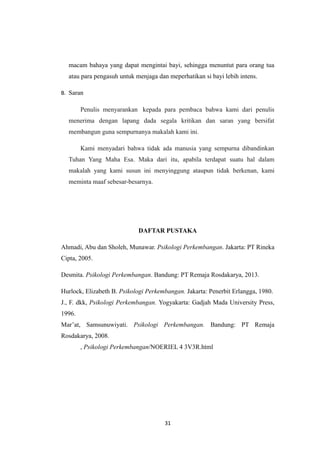 macam bahaya yang dapat mengintai bayi, sehingga menuntut para orang tua
atau para pengasuh untuk menjaga dan meperhatikan si bayi lebih intens.
B. Saran
Penulis menyarankan kepada para pembaca bahwa kami dari penulis
menerima dengan lapang dada segala kritikan dan saran yang bersifat
membangun guna sempurnanya makalah kami ini.
Kami menyadari bahwa tidak ada manusia yang sempurna dibandinkan
Tuhan Yang Maha Esa. Maka dari itu, apabila terdapat suatu hal dalam
makalah yang kami susun ini menyinggung ataupun tidak berkenan, kami
meminta maaf sebesar-besarnya.
DAFTAR PUSTAKA
Ahmadi, Abu dan Sholeh, Munawar. Psikologi Perkembangan. Jakarta: PT Rineka
Cipta, 2005.
Desmita. Psikologi Perkembangan. Bandung: PT Remaja Rosdakarya, 2013.
Hurlock, Elizabeth B. Psikologi Perkembangan. Jakarta: Penerbit Erlangga, 1980.
J., F. dkk, Psikologi Perkembangan. Yogyakarta: Gadjah Mada University Press,
1996.
Mar’at, Samsunuwiyati. Psikologi Perkembangan. Bandung: PT Remaja
Rosdakarya, 2008.
, Psikologi Perkembangan/NOERIEL 4 3V3R.html
31
 