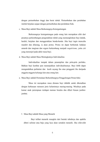 dengan pertumbuhan tinggi dan berat tubuh. Pertumbuhan dan perubahan
intelek berjalan sejajar dengan pertumbuhan dan perubahan fisik.
c. Masa Bayi adalah Masa Berkurangnya Ketergantungan
Berkurangnya ketergantungan pada orang lain merupakan efek dari
pesatnya perkembangan pengendalian tubuh yang memungkinkan bayi duduk,
berdiri, berjalan dan menggerakkan benda-benda. Jika bayi ingin mencoba
mandiri dan dilarang, ia akan protes. Protes ini dapat berbentuk ledakan
amarah dan tangisan dan segera berkembang menjadi negativisme, yaitu ciri
yang menonjol pada akhir masa bayi.
d. Masa Bayi adalah Masa Meningkatnya Individualitas
Individualitas tampak dalam penampilan dan pola-pola perilaku.
Bahkan bayi kembar pun menunjukkan individualitasnya. Bayi lebih dapat
mengandalkan perhatian dan kasih sayang ibu atau pengganti ibu daripada
anggota-anggota keluarga lain atau orang lain.
e. Masa Bayi adalah Permulaan Berkembangnya Penggolongan Peran-Seks
Masa ini merupakan masa dimana bayi dididik untuk dikenalkan
dengan kebiasaan menurut jenis kelaminnya masing-masing. Misalnya pada
kamar anak perempuan terdapat mainan boneka dan diberi hiasan jumbai-
jumbai.
f. Masa Bayi adalah Masa yang Menarik
Bayi telihat menarik mungkin dari bentuk tubuhnya dan apabila
diberi selimut atau baju yang lucu akan semakin menarik. Jika sifat-sifat
5
 