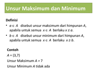 Unsur Maksimum dan Minimum
Definisi
• a ∈ A disebut unsur maksimum dari himpunan A,
apabila untuk semua x ∈ A berlaku x ≤ a.
• b ∈ A disebut unsur minimum dari himpunan A,
apabila untuk semua x ∈ A berlaku x ≥ b.
Contoh
A = (3,7}
Unsur Maksimum A = 7
Unsur Minimum A tidak ada
 