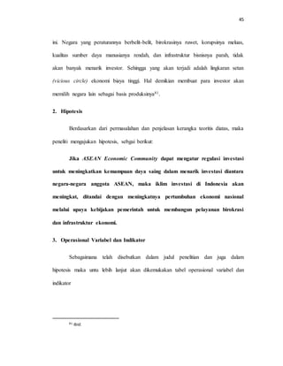 45
ini. Negara yang peraturannya berbelit-belit, birokrasinya ruwet, korupsinya meluas,
kualitas sumber daya manusianya rendah, dan infrastruktur bisnisnya parah, tidak
akan banyak menarik investor. Sehingga yang akan terjadi adalah lingkaran setan
(vicious circle) ekonomi biaya tinggi. Hal demikian membuat para investor akan
memilih negara lain sebagai basis produksinya81.
2. Hipotesis
Berdasarkan dari permasalahan dan penjelasan kerangka teoritis diatas, maka
peneliti mengajukan hipotesis, sebgai berikut:
Jika ASEAN Economic Community dapat mengatur regulasi investasi
untuk meningkatkan kemampuan daya saing dalam menarik investasi diantara
negara-negara anggota ASEAN, maka iklim investasi di Indonesia akan
meningkat, ditandai dengan meningkatnya pertumbuhan ekonomi nasional
melalui upaya kebijakan pemerintah untuk membangun pelayanan birokrasi
dan infrastruktur ekonomi.
3. Operasional Variabel dan Indikator
Sebagaimana telah disebutkan dalam judul penelitian dan juga dalam
hipotesis maka untu lebih lanjut akan dikemukakan tabel operasional variabel dan
indikator
81 Ibid.
 