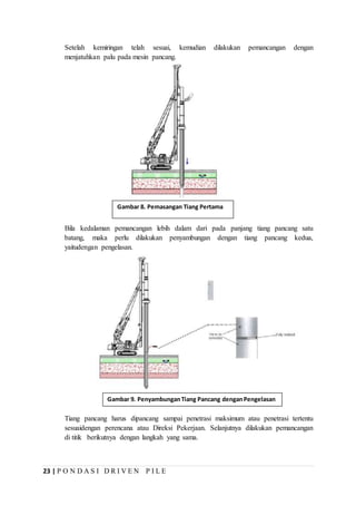 23 | P O N D A S I D R I V E N P I L E
Setelah kemiringan telah sesuai, kemudian dilakukan pemancangan dengan
menjatuhkan palu pada mesin pancang.
Bila kedalaman pemancangan lebih dalam dari pada panjang tiang pancang satu
batang, maka perlu dilakukan penyambungan dengan tiang pancang kedua,
yaitudengan pengelasan.
Tiang pancang harus dipancang sampai penetrasi maksimum atau penetrasi tertentu
sesuaidengan perencana atau Direksi Pekerjaan. Selanjutnya dilakukan pemancangan
di titik berikutnya dengan langkah yang sama.
Gambar 8. Pemasangan Tiang Pertama
Gambar 9. PenyambunganTiang Pancang denganPengelasan
 